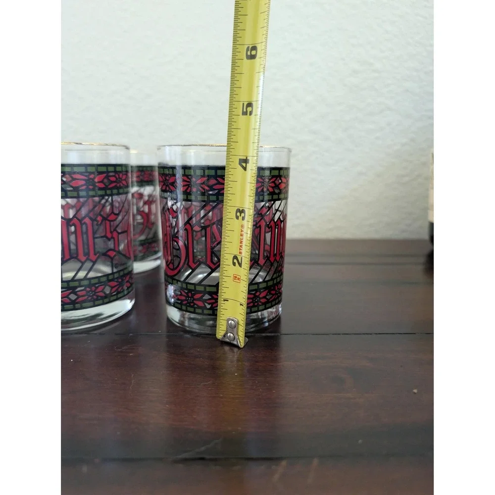 Vtg Houze Glass Stained Christmas Seasons Greetings Lowball Glasses Set of 4